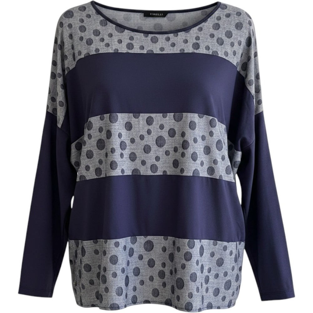 Tirelli Navy Blue Polka Dot Mixed Media Long Sleeve Top Medium
